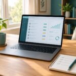 Laptop on a home work desk showing an online freelance project dashboard.