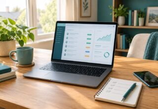 Laptop on a home work desk showing an online freelance project dashboard.
