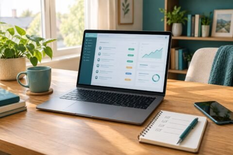 Laptop on a home work desk showing an online freelance project dashboard.