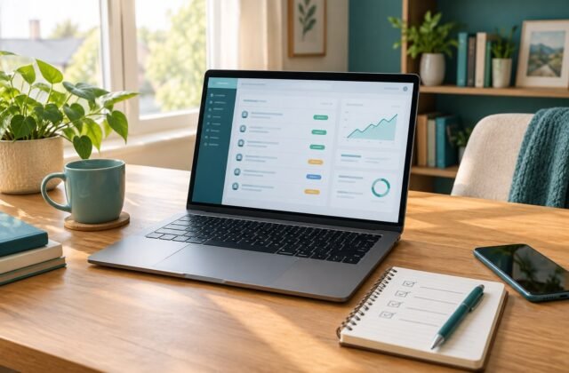 Laptop on a home work desk showing an online freelance project dashboard.