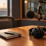 An empty sports radio studio desk with a broadcast microphone and headphones