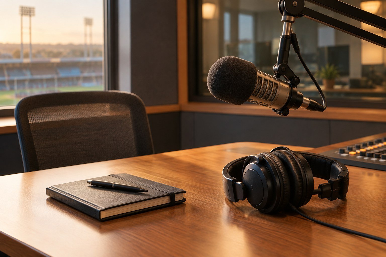 An empty sports radio studio desk with a broadcast microphone and headphones
