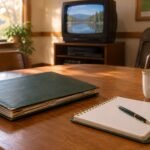 A vintage television and family album beside a community event planning notebook
