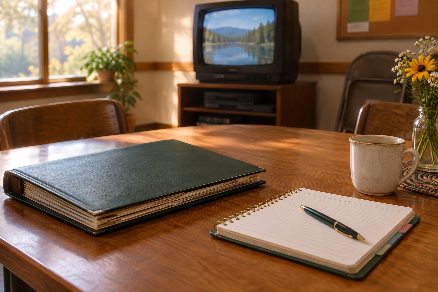 A vintage television and family album beside a community event planning notebook