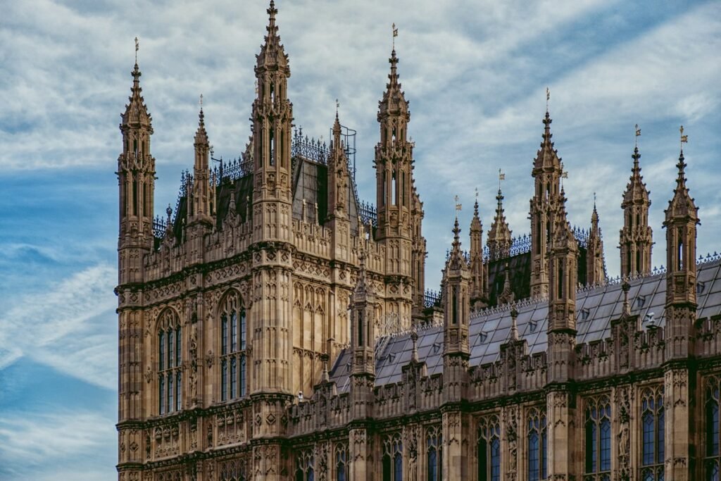 Gothic Revival towers and spires of the Palace of Westminster in London