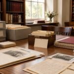 Archival boxes, folders, and historical documents arranged on a reading room table