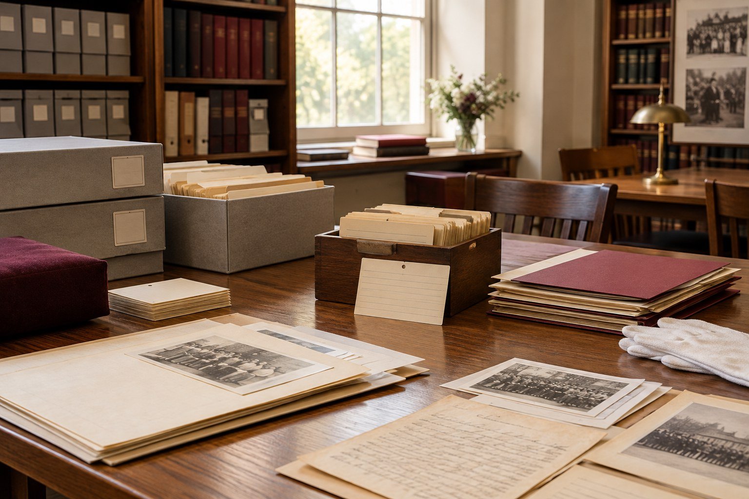 Archival boxes, folders, and historical documents arranged on a reading room table