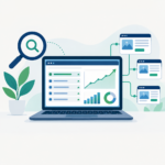 Illustration of an SEO analytics dashboard on a laptop with keyword rankings and an upward organic traffic chart