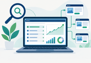 Illustration of an SEO analytics dashboard on a laptop with keyword rankings and an upward organic traffic chart