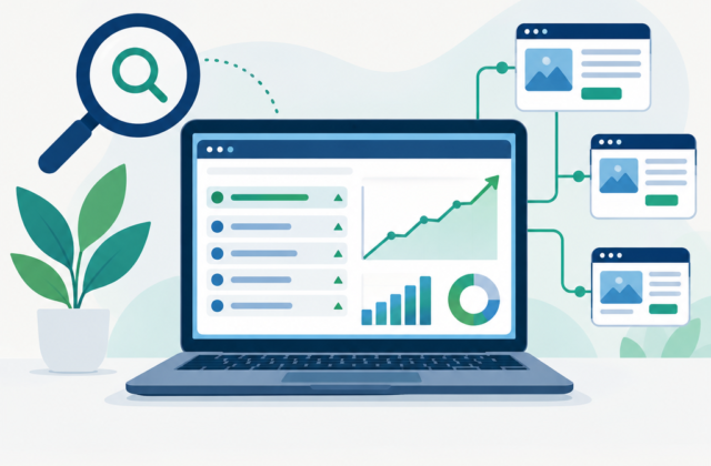 Illustration of an SEO analytics dashboard on a laptop with keyword rankings and an upward organic traffic chart