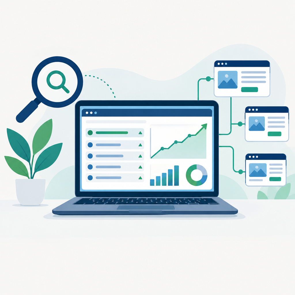 Illustration of an SEO analytics dashboard on a laptop with keyword rankings and an upward organic traffic chart